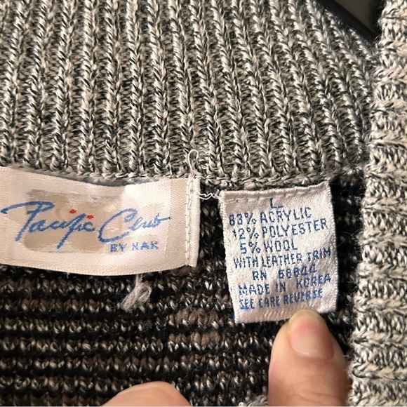 Pacific Club VTG Wool Blend Leather Trim Knit Dad Grandpa Sweater Women Sz Large - Picture 6 of 10